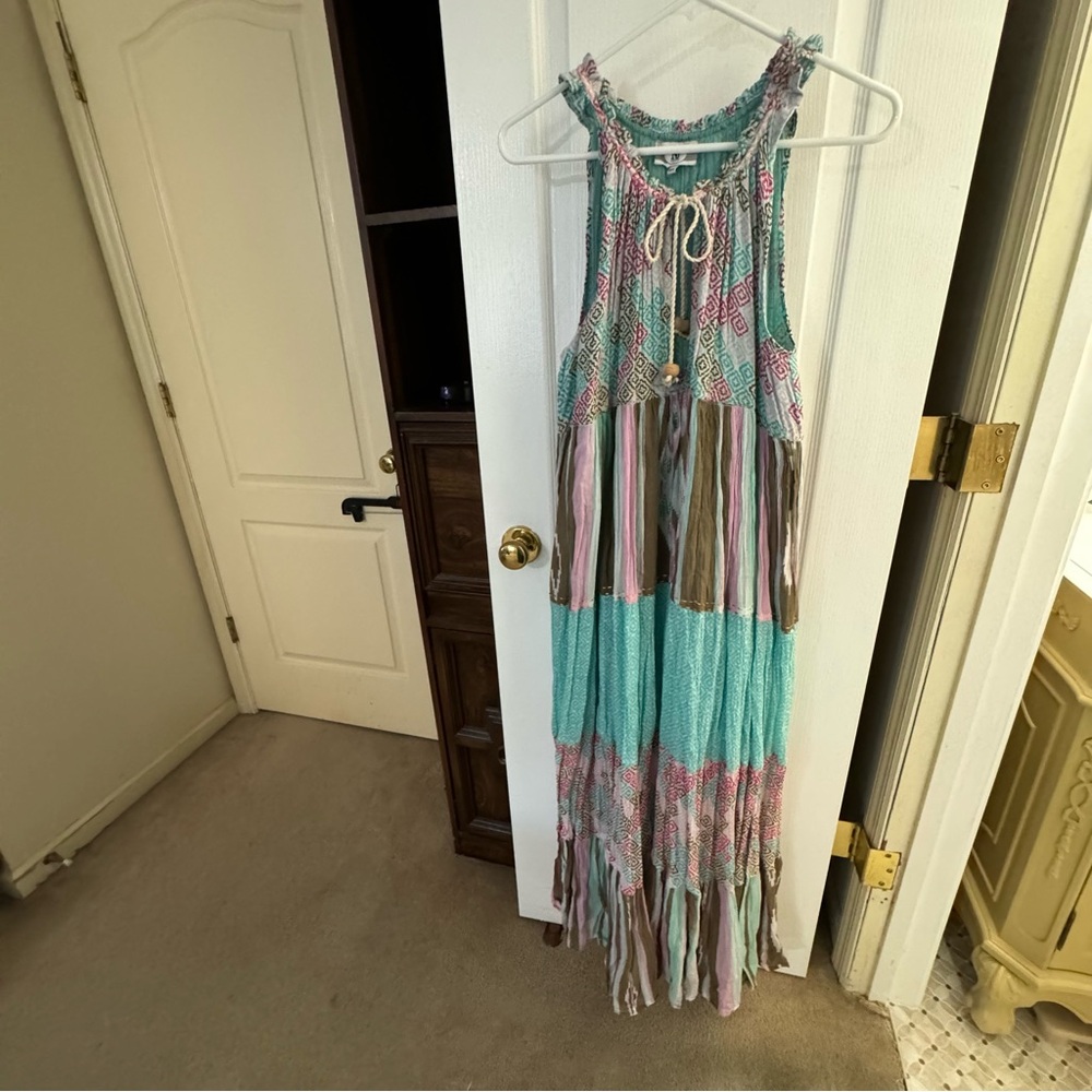 NJ Couture Aqua and Pink Patterned Dress Size M/L